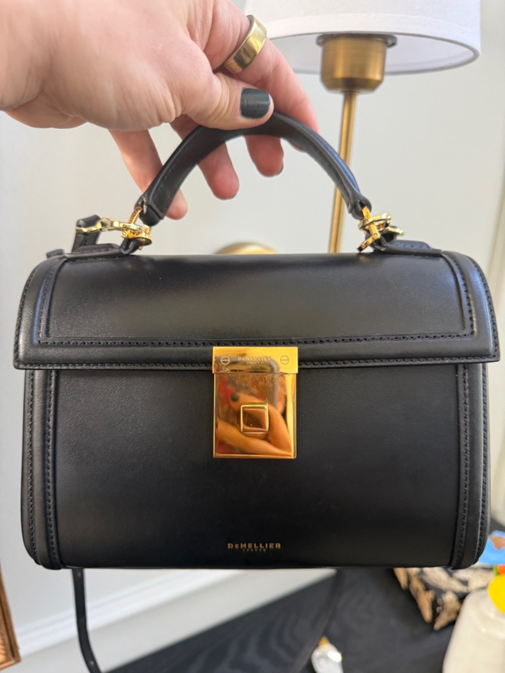DeMellier Paris Black Leather Top Handle Satchel with Gold Hardware